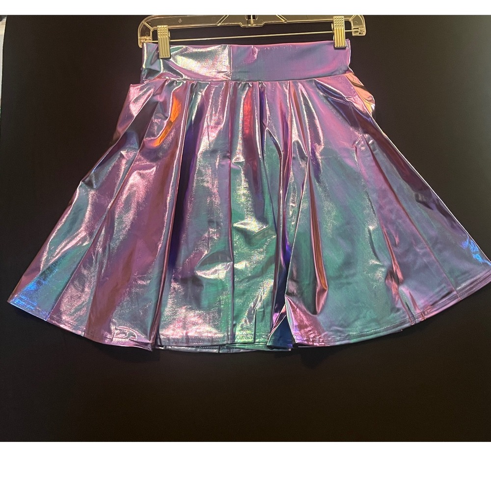 Iridescent Holographic Metallic Skater Mini Skirt Purple Blue Green XL
